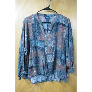 Multicolor Paisley Floral Gray 3/4 Tie Sleeve V Neck Daytrip Blouse Size Large